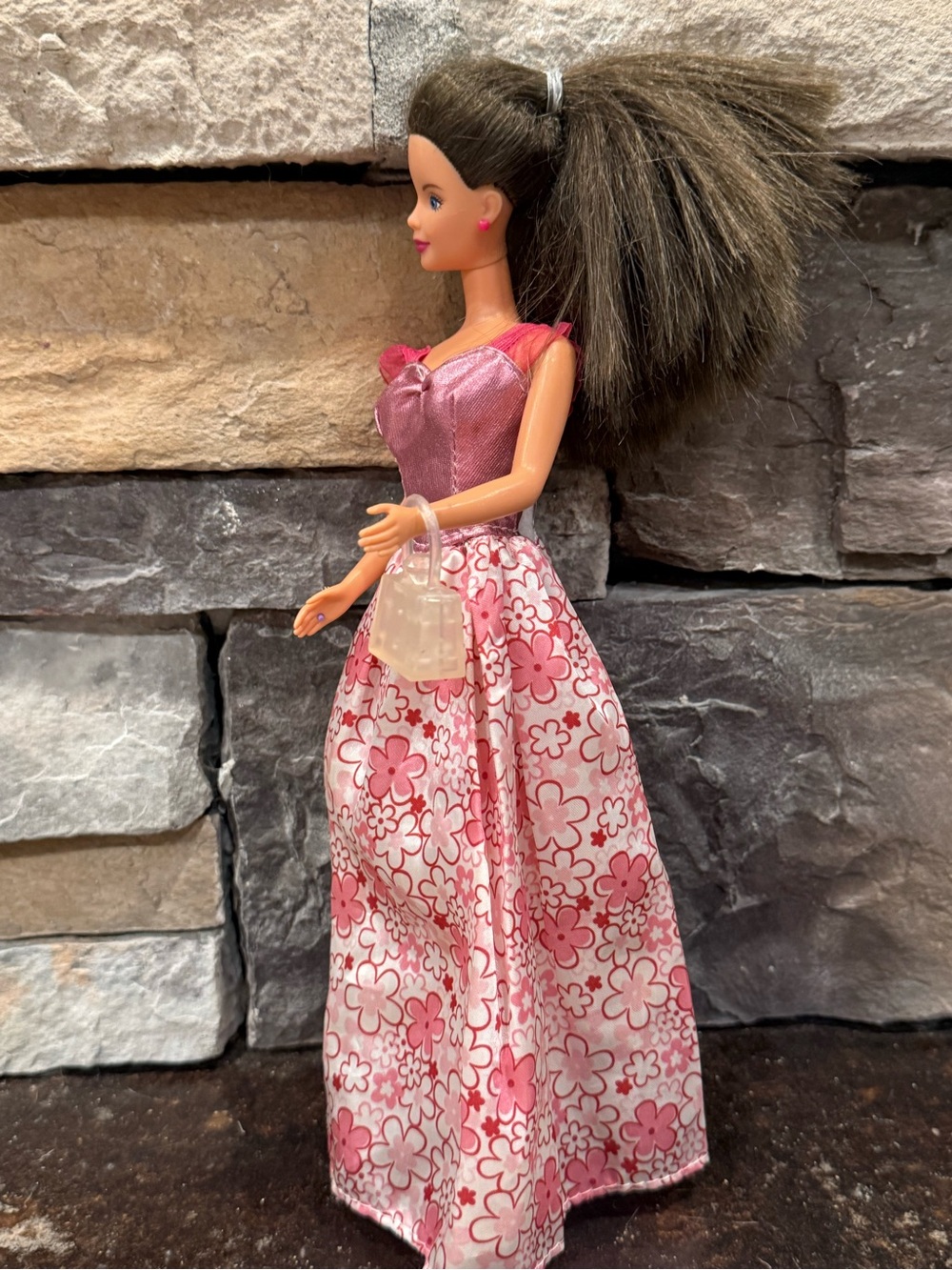 Barbie formal pink princess gown diamond clear purse and red heels